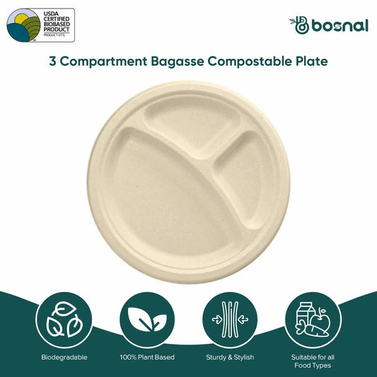 10 Inch Round 3-Compartment Compostable Plates, 100% Sugarcane Bagasse, Eco-Friendly, Microwave Safe, BPA-Free, Leak-Resistant Eco My Home Health & Household›Household Supplies›Paper & Plastic›Disposable Plates, Bowls & Cutlery›Plates Bosnal