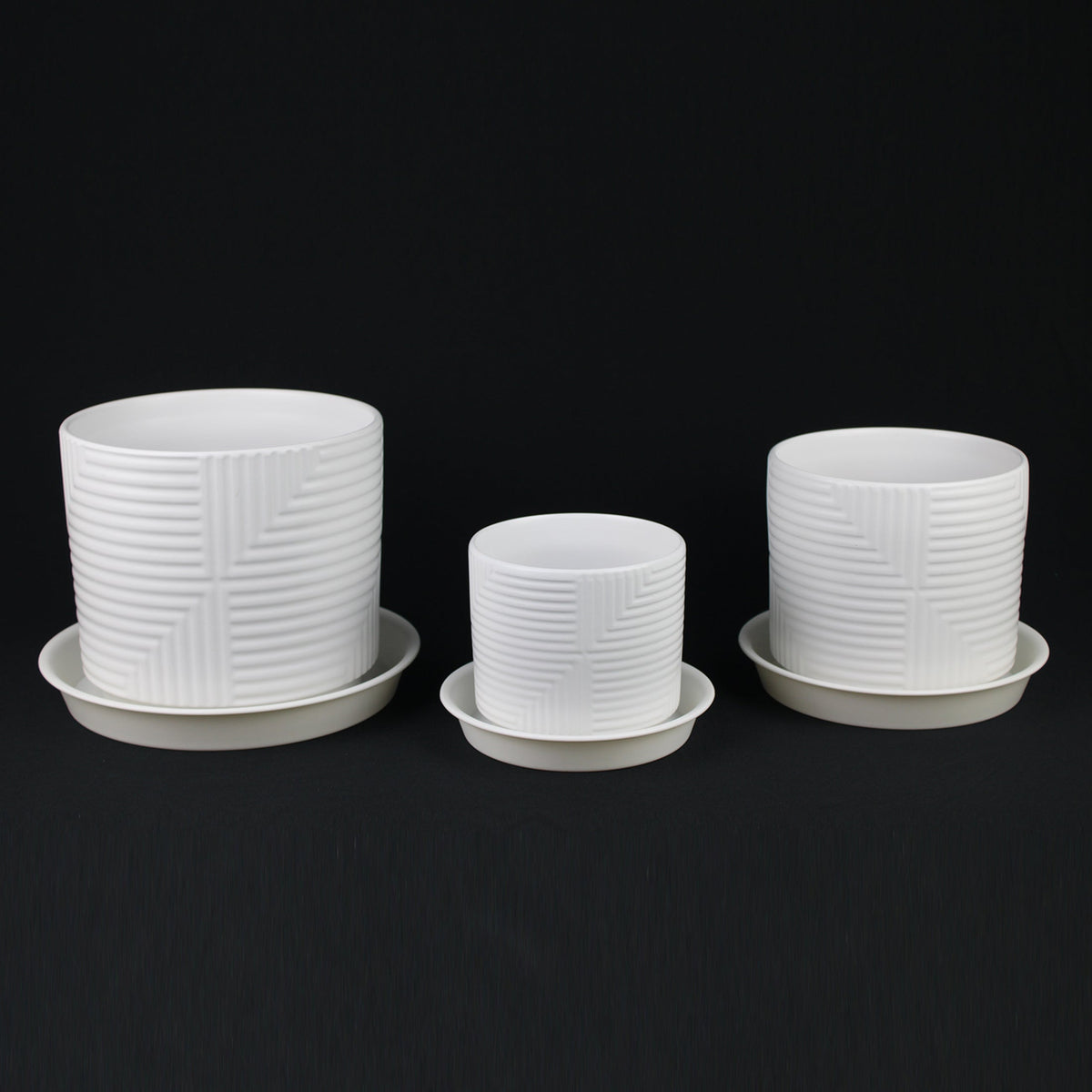 3-Piece White Stoneware Planter Set with Geometric Line Design