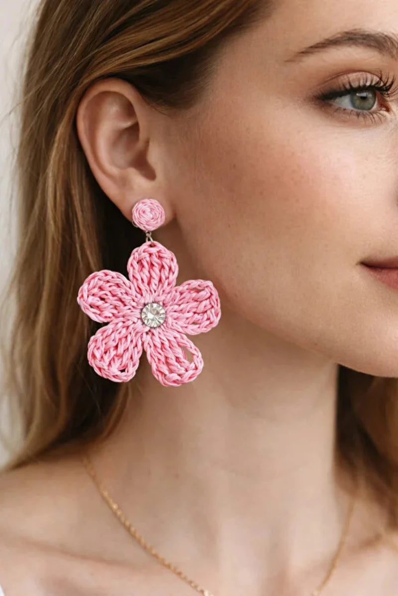 Women’s Handmade Pink Daisy Earrings – Crystal Bead Clip-On