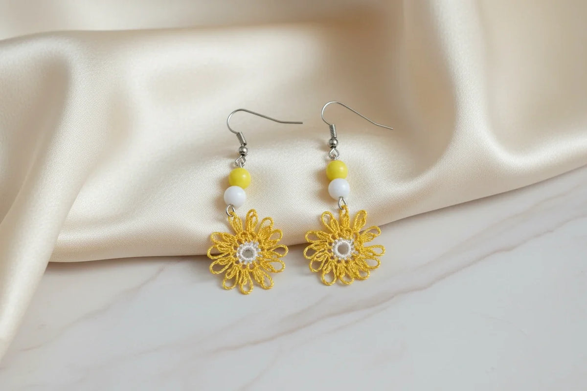 Women’s Handmade Oya Needle Lace Earrings – Boho Floral Needle Lace Design