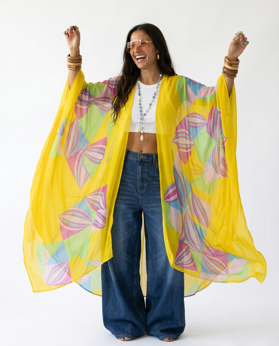Vibrant Geometric Print Maxi Kimono