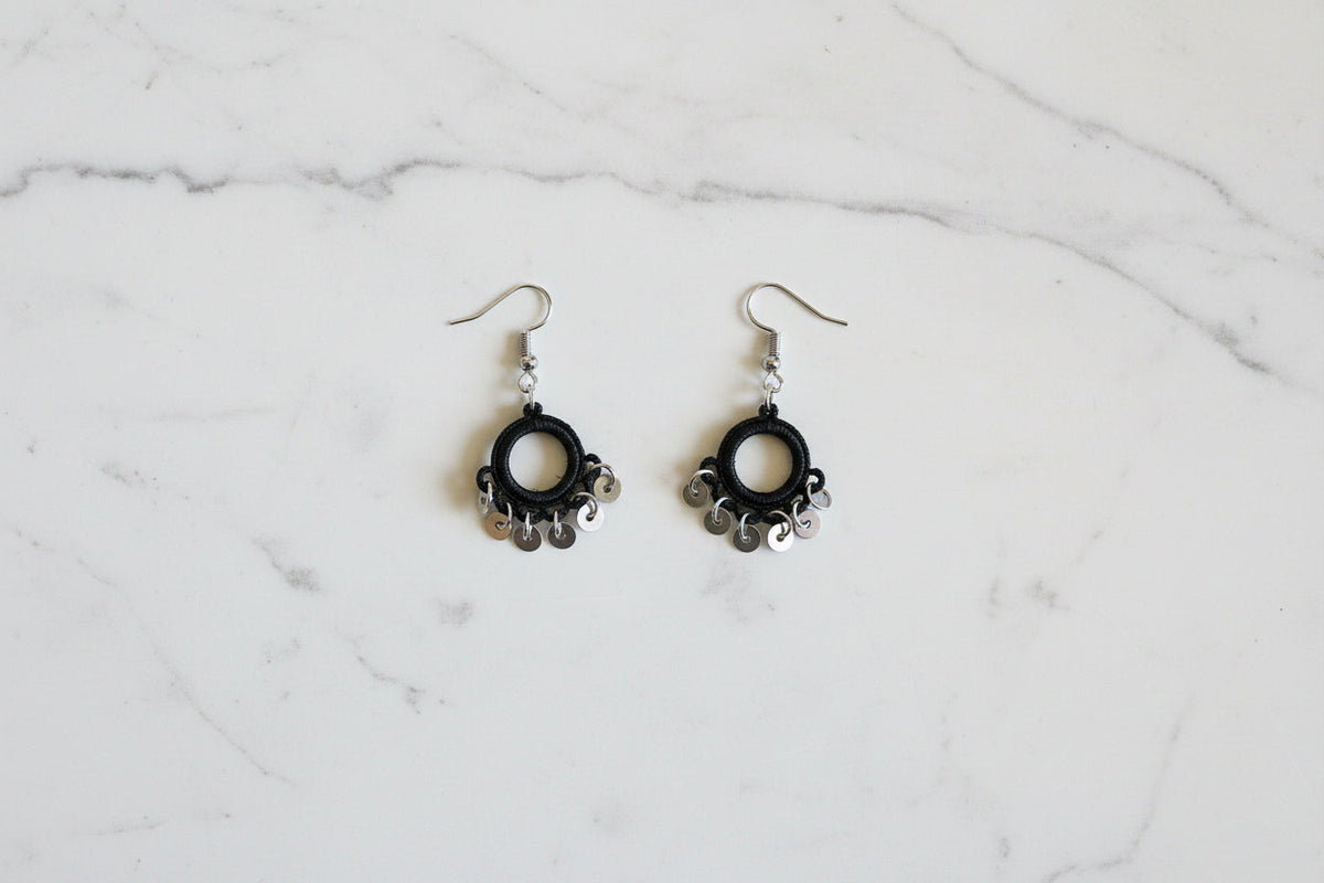 Handmade Black Crochet Hoop Dangle Earrings for Women