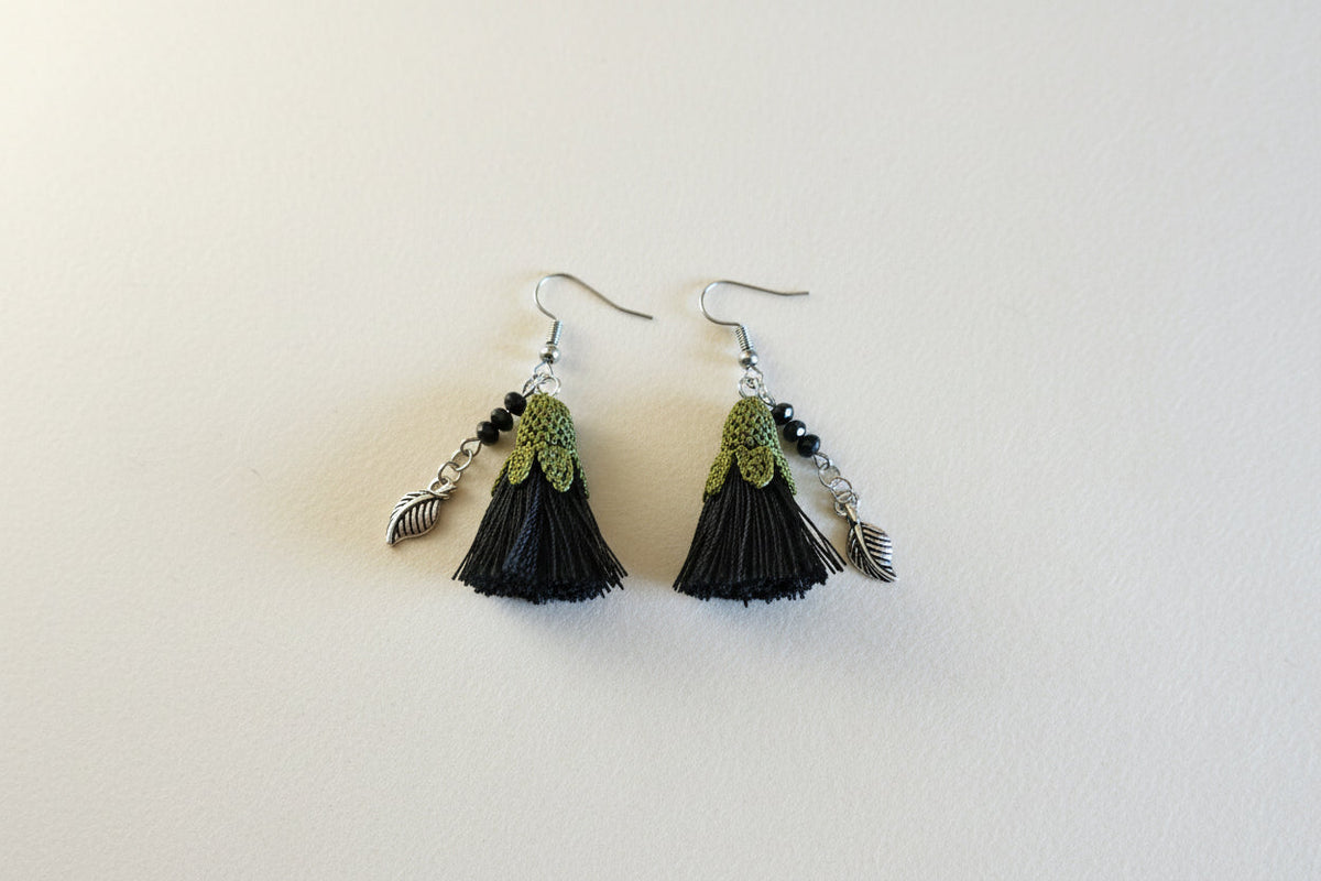 Handmade Black Tassel Crochet Dangle Earrings for Women