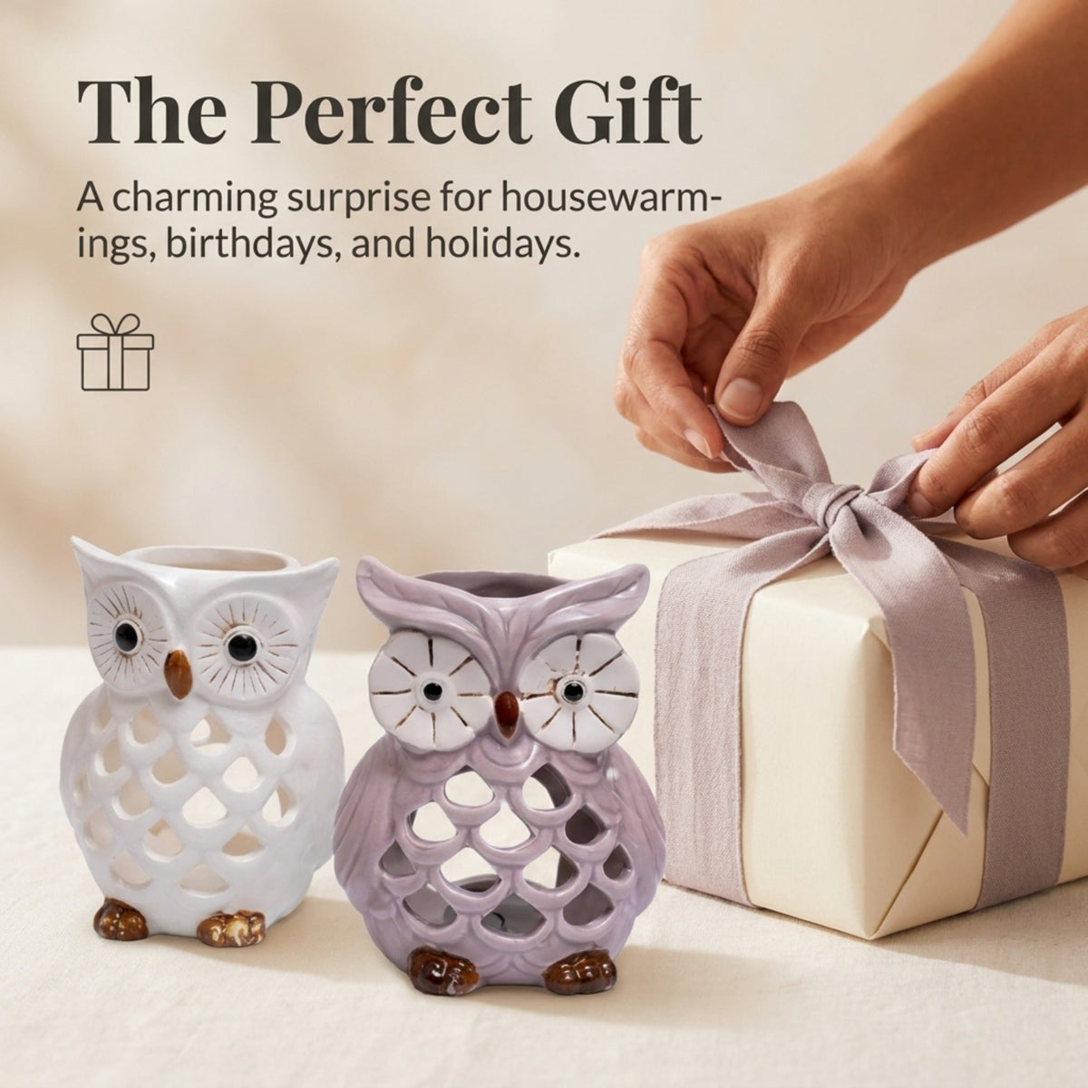 Owl Tea Light Holder - Rustic Decorative Candle Holders Set of 2 for Indoor & Outdoor