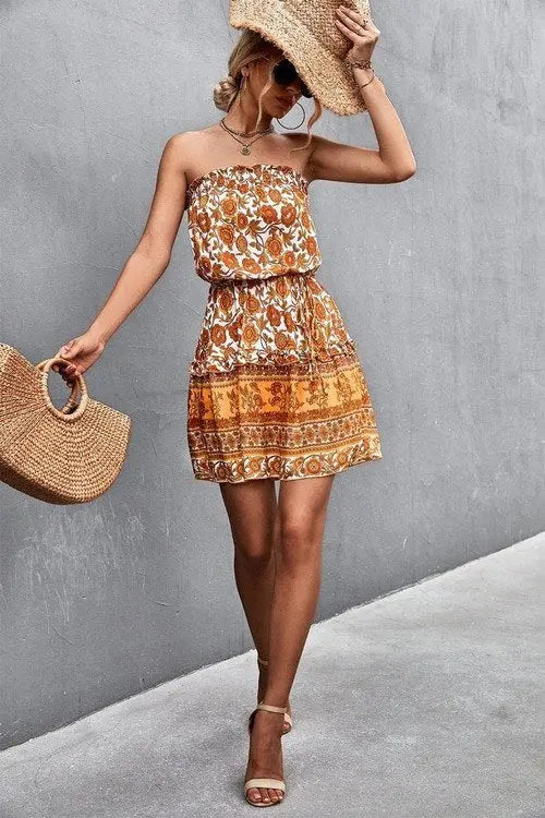 Bohemian Strapless Dress with Frill Trim