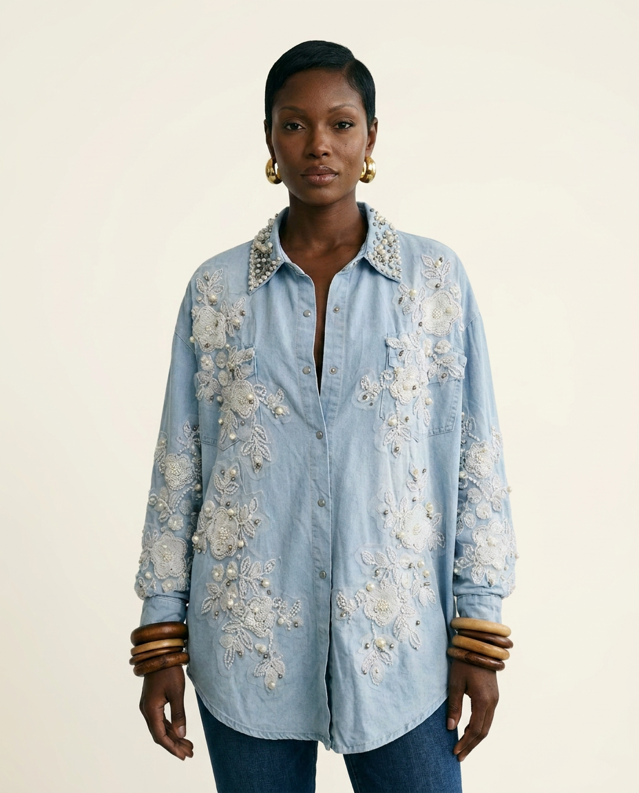 Divine Pearl Floral Denim Blouse