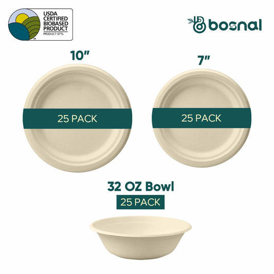 10 Inch & 7 Inch Round Plates with 32 oz Bowls, 100% Plant-Based Sugarcane Bagasse, Compostable, Microwave Safe Dinnerware