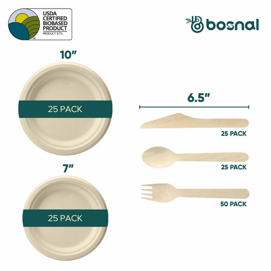150-Piece Bagasse Dinner & Dessert Plates Set with Wooden Cutlery