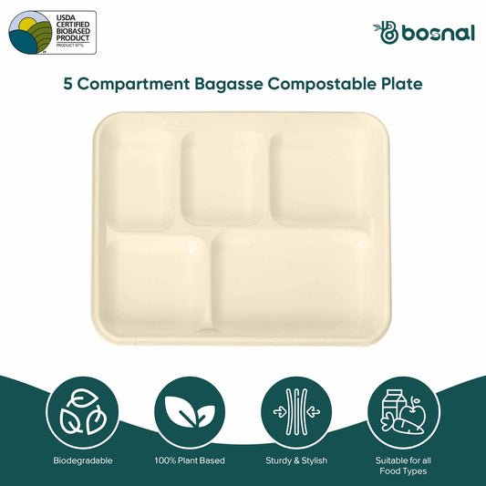 10 Inch Rectangle 5-Compartment Sugarcane Bagasse Compostable Trays, Eco-Friendly Disposable Food Trays, Microwave Safe