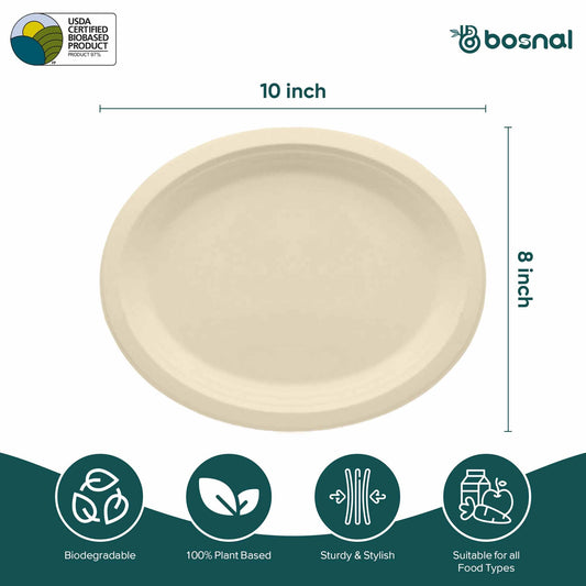 10 Inch Oval Bagasse Compostable Plates, Eco-Friendly Biodegradable Sugarcane Tableware, Durable for Parties & Everyday Use