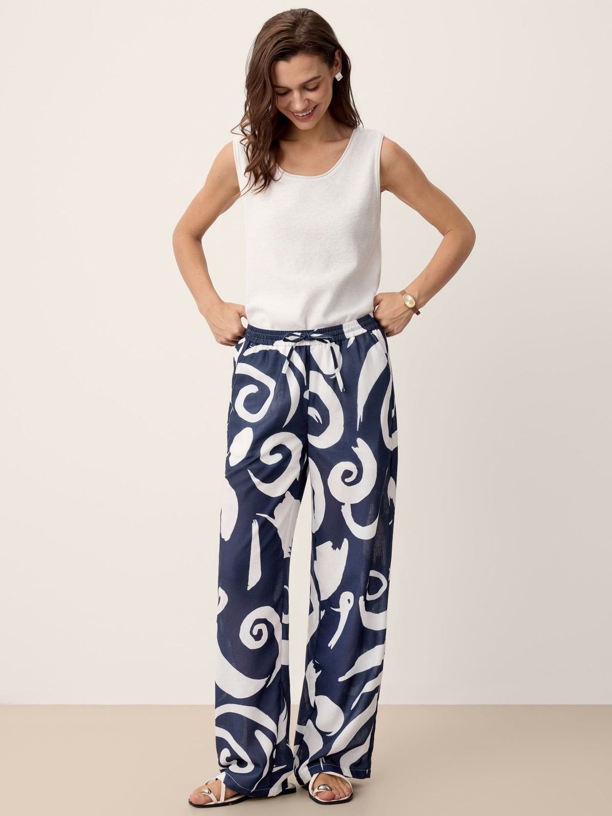 Linen Abstract-Print Straight-Leg Pants ORLA
