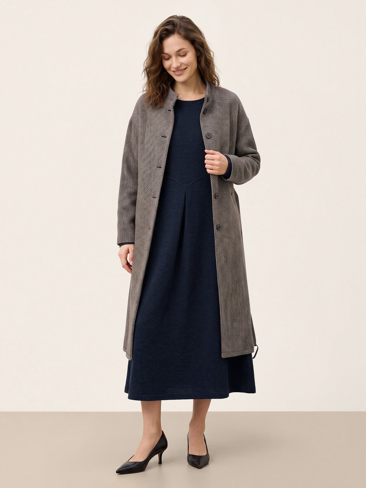Wool Arc-Panel Sculpted Pleats Midi Dress CALISTA