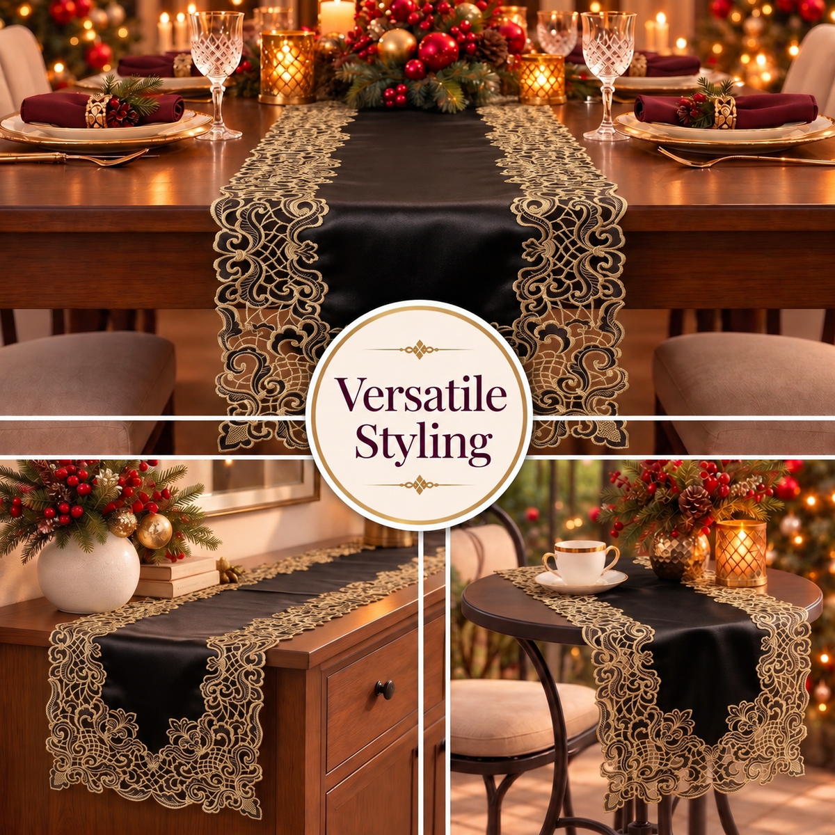 Black Gold Table Runner – Noir Luxe, 14x108 Inch