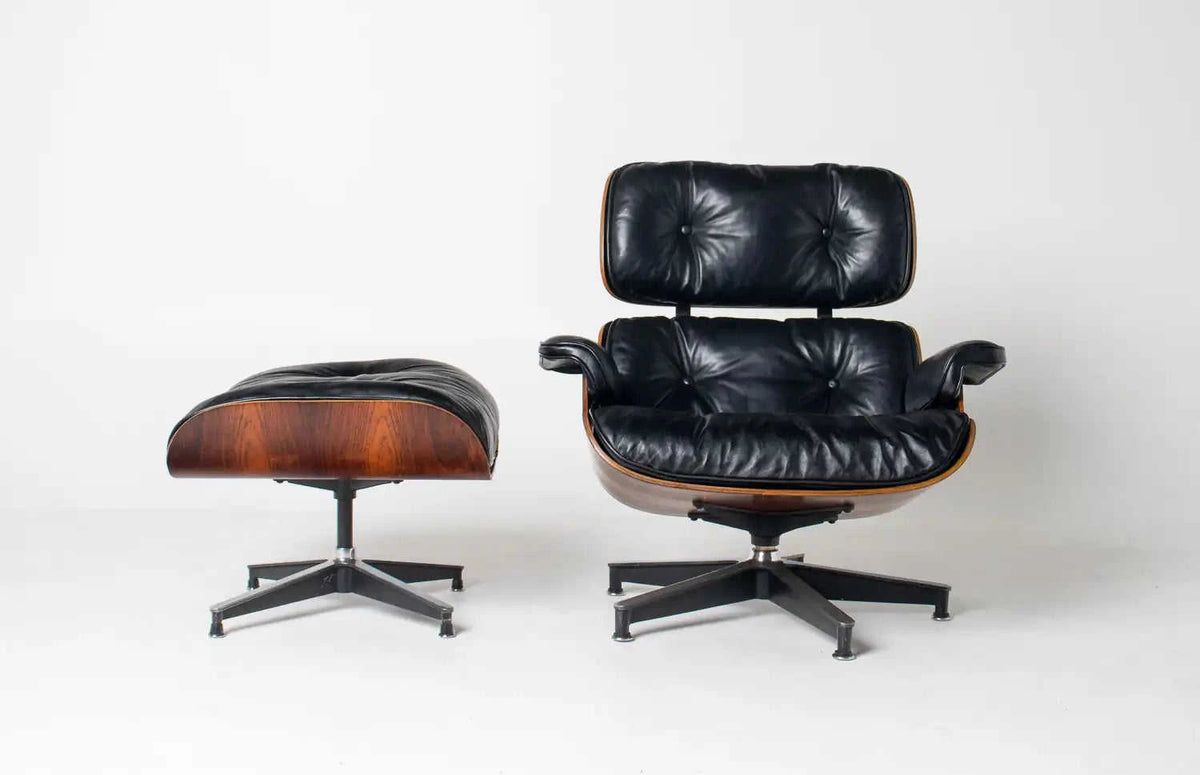 Early 1st Generation Eames Lounge Chair and Ottoman in Brazilian Rosewood finished in Gunstock Oil by Herman Miller Eco My Home Eames Lounge chair Hobbs Modern ecomyhome.store United States