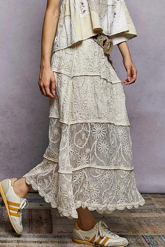 Floral Embroidered Maxi Skirt with Tiered Crochet Design Eco My Home Skirt Salty Season LLC ecomyhome.store United States