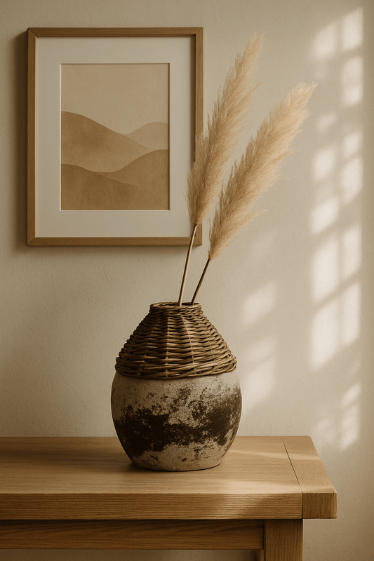 Hand-Woven Rattan & Clay Vase, Distressed