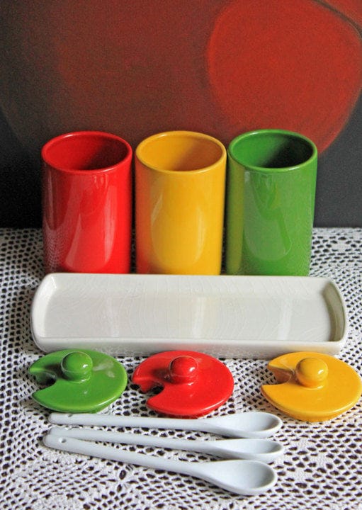 Vintage Porcelain Condiment Jars with Spoons and Tray, Modern Kitchen
