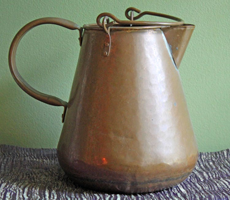 Antique Manning Bowman Copper Pewter Coffee Pot, Ornate Lid - Rustic Decor