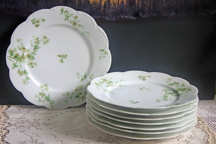 Limoges Elite Set of Five Bread, Salad, 8.75 inch Plates with Pink Roses and Scalloped Rim. Antique Limoges Dishes.