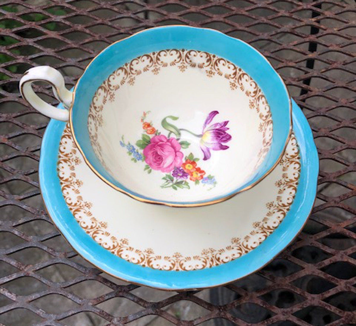 Antique Aynsley English Bone China Tea Cup & Saucer - Turquoise Floral, Cabbage Rose Pattern