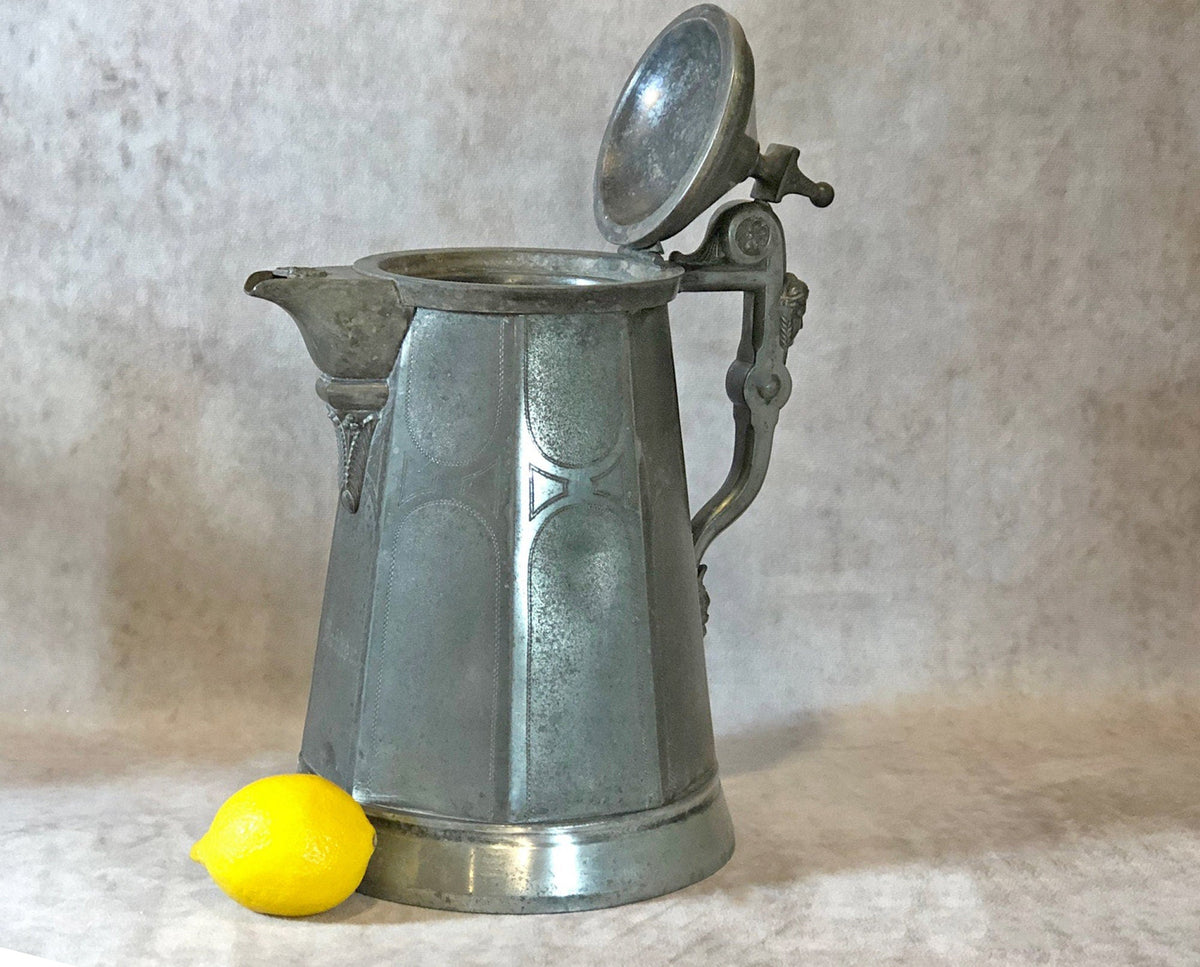 XL Vintage Glass Pitcher with Pewter Detailing. Antique Hand Blown Large 18" German Wine or Water Jug. Vintage Gifts.