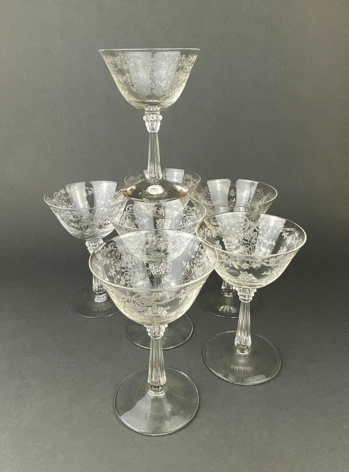 Vintage Fostoria Champagne Glasses, Set of 6 Etched Crystal Stemware