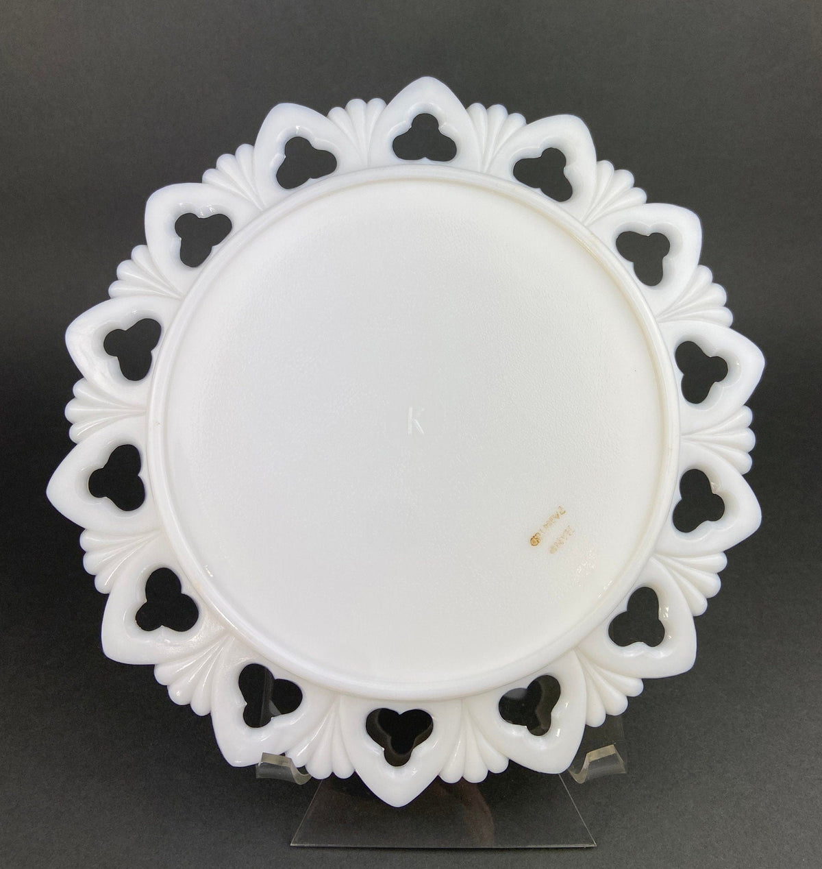 Westmoreland Milk Glass Decorative Plates with Hand Painted Violets, Cherry Blossom, and Fruit. Set of Four Plates with Reticulated Rim.