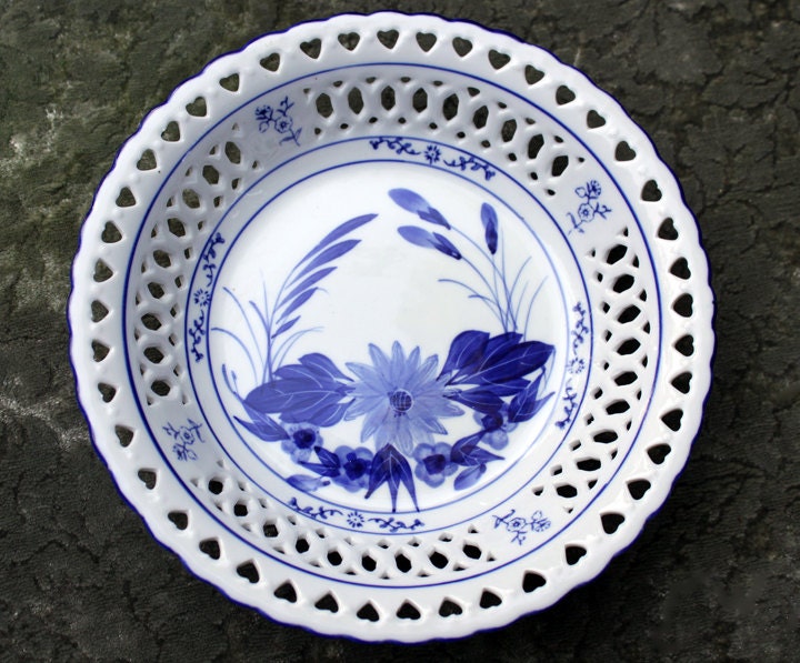 Vintage Blue and White Bowl with Lacy Rim and Scalloped Edge