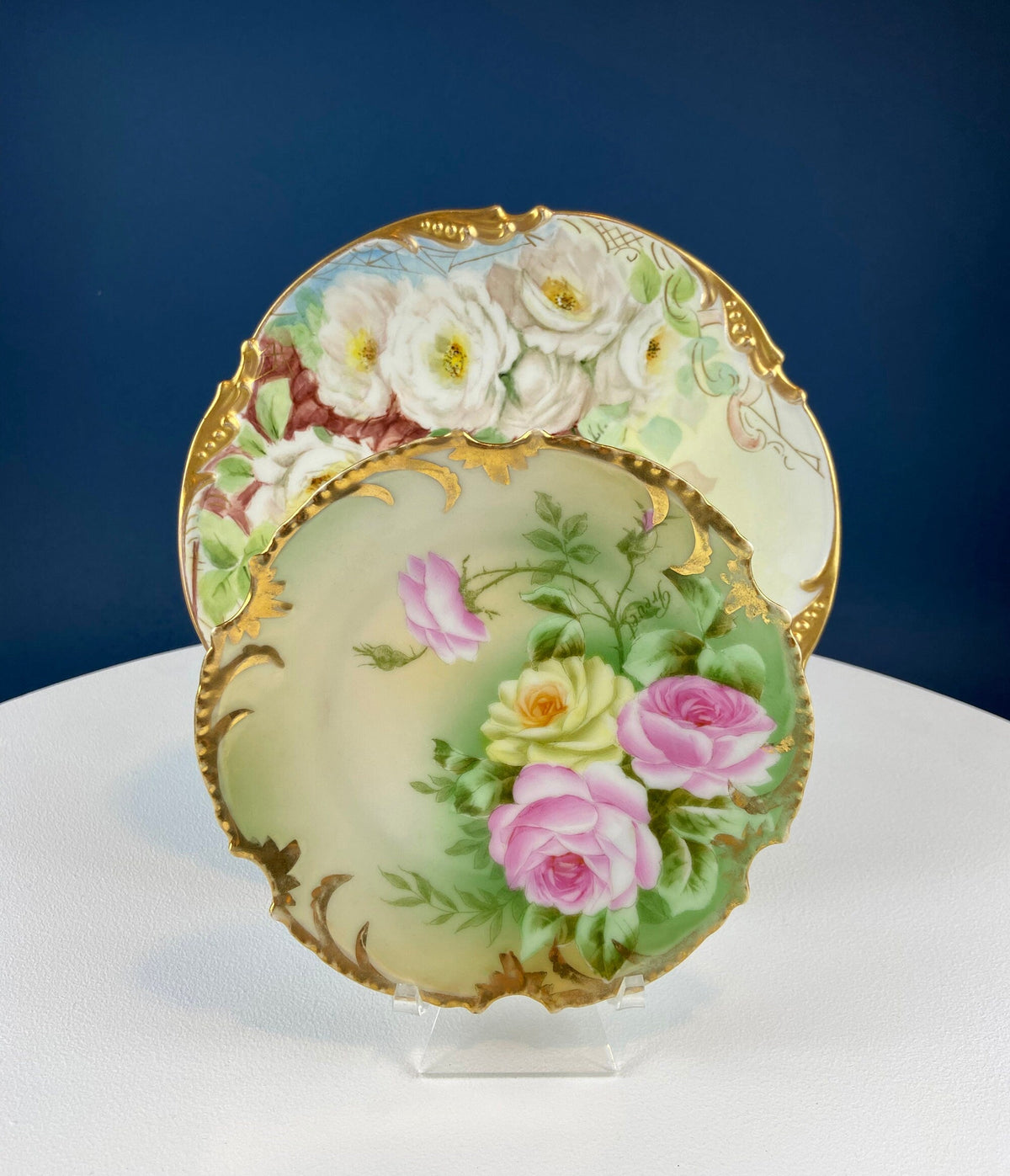 Antique 12" Serving or Decorative Plate. Hand Painted Pink Roses. Dining Room Wall Decor or Collectible Display. Wedding Registry Gift.