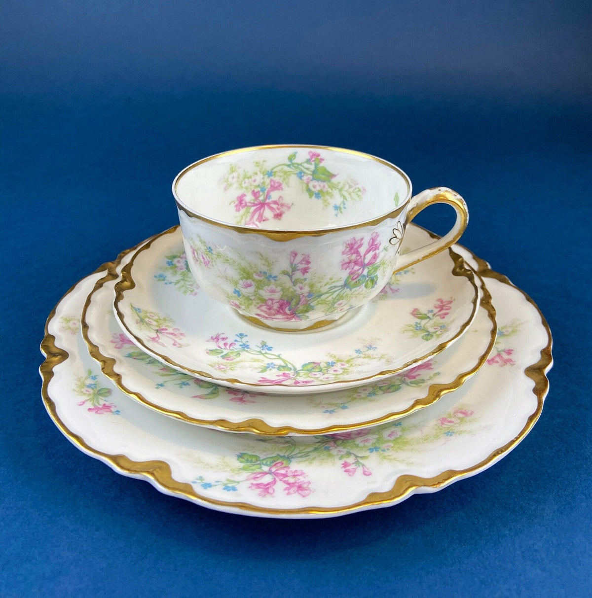 Antique Nippon Cup & Saucer Trio with Forget-Me-Not Motif. Hand Painted Porcelain. Collectible Porcelain. Luxury Living.