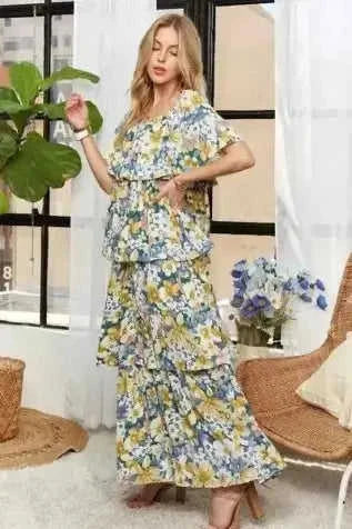 Layered Floral Off-Shoulder Short Sleeve Maxi Dress Eco My Home Dress Salty Season LLC ecomyhome.store United States