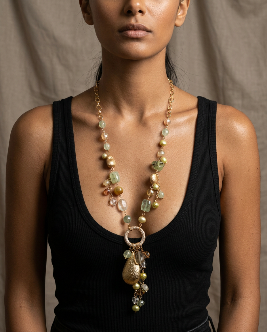 Grounded Gemstone Pearl Lariat Necklace