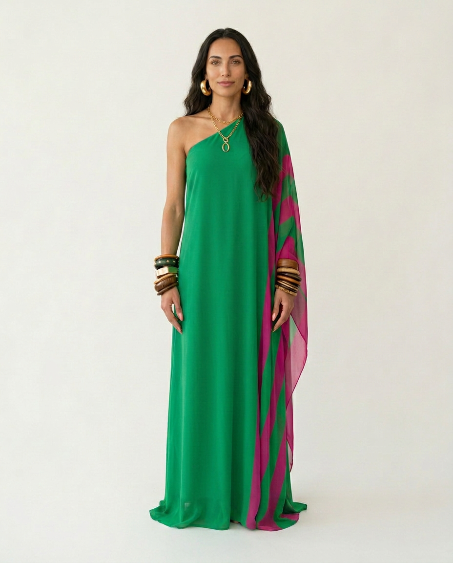 Vibrant Color Block One Shoulder Maxi Dress
