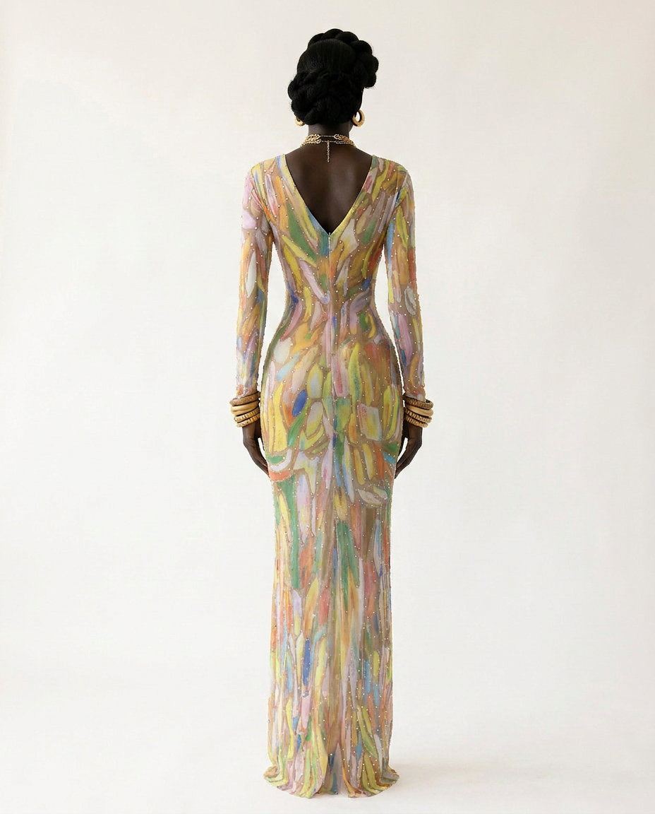 Vibrant Rhinestone Mesh Maxi Dress