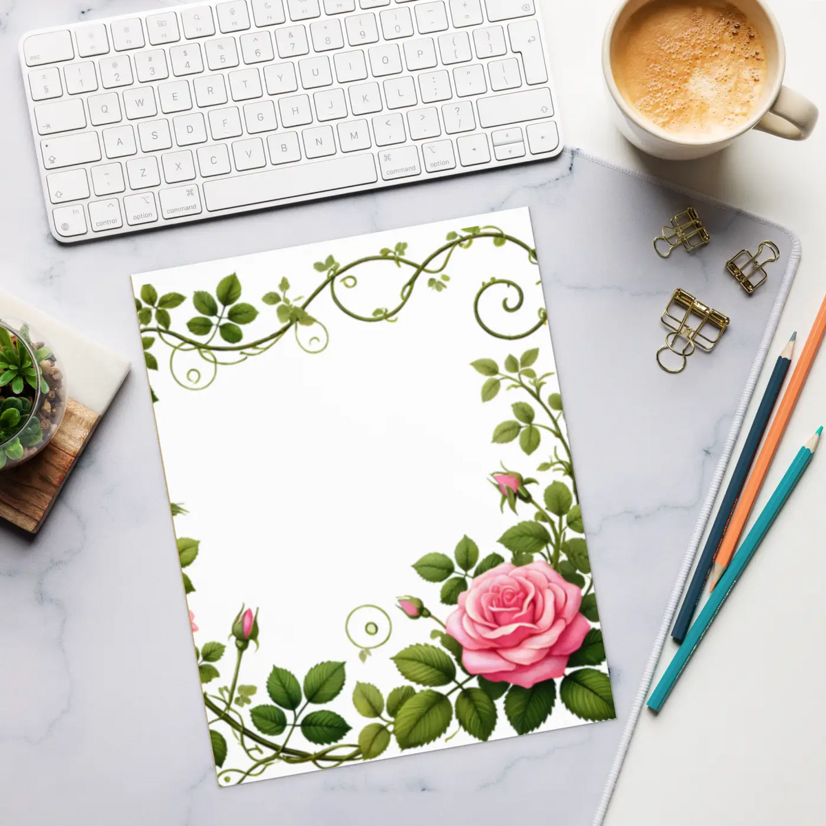 DipaliZ Pink Rose Vine Notepad Enchanting Pink Rose 6x8