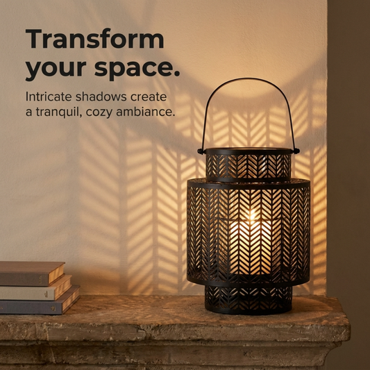 Hanging Candle Lantern – Black Mesh Lantern Design with Cozy Flickering Light