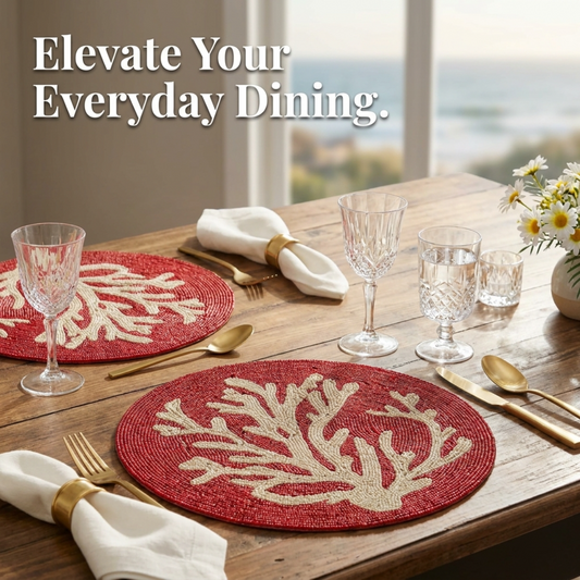 Beaded Placemats – Handmade Round Red Glass Bead Table Mats, Elegant Dining Décor 14 Inch