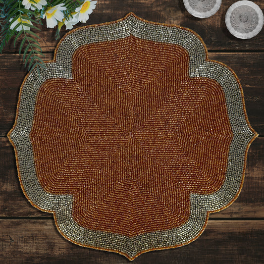 Beaded Placemats – Burnt Orange Silver Artisan Table Mats, Heat Resistant & Non Slip