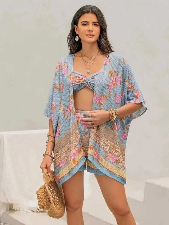 Printed Bra Shorts Cover Up Set - Stylish Three-Piece Swimwear Ensemble Eco My Home cover up Salty Season LLC ecomyhome.store United States