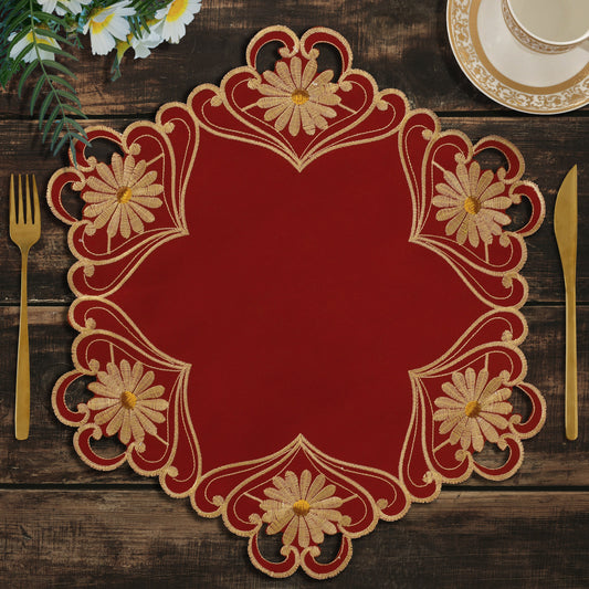 Round Placemats – Imperial Red Linen Placements with Red Lace Doilies, 15 Inch