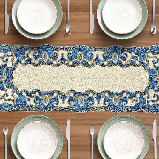 Beaded Table Runner – White Blue, 36x13 Inch
