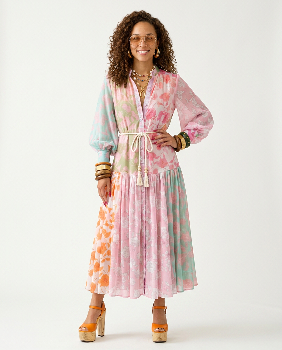 Vibrant Printed Pleated Maxi Dress