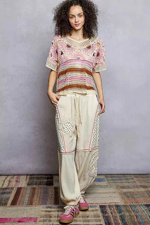 Weave Pattern Crochet Top with Short Sleeves and Border Accents Eco My Home Salty Season LLC ecomyhome.store United States