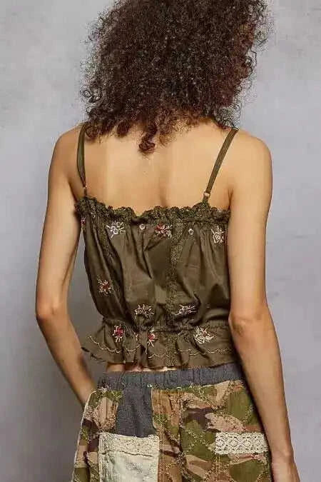 Women's Cropped Cami Top | Floral Embroidered, Lace Detail, Button Down | Boho Eco My Home Tank Top Salty Season LLC ecomyhome.store United States