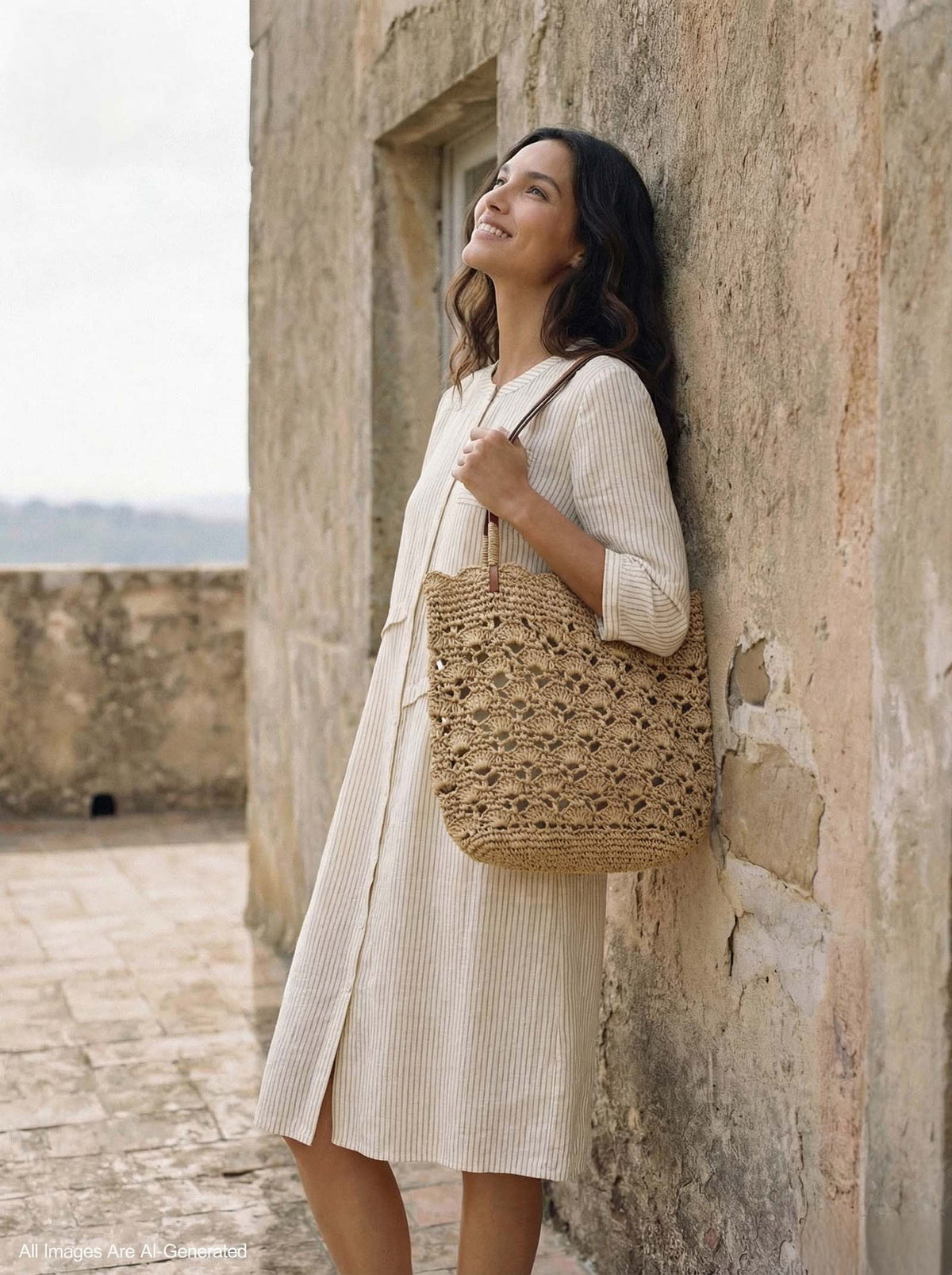 Crochet Woven Fan-Shape Shoulder Tote Bag