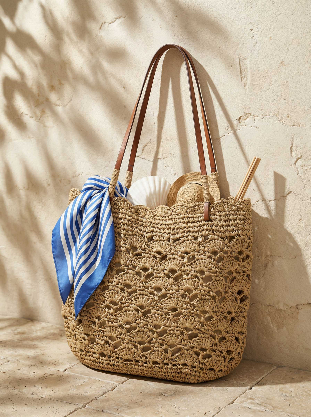 Crochet Woven Fan-Shape Shoulder Tote Bag