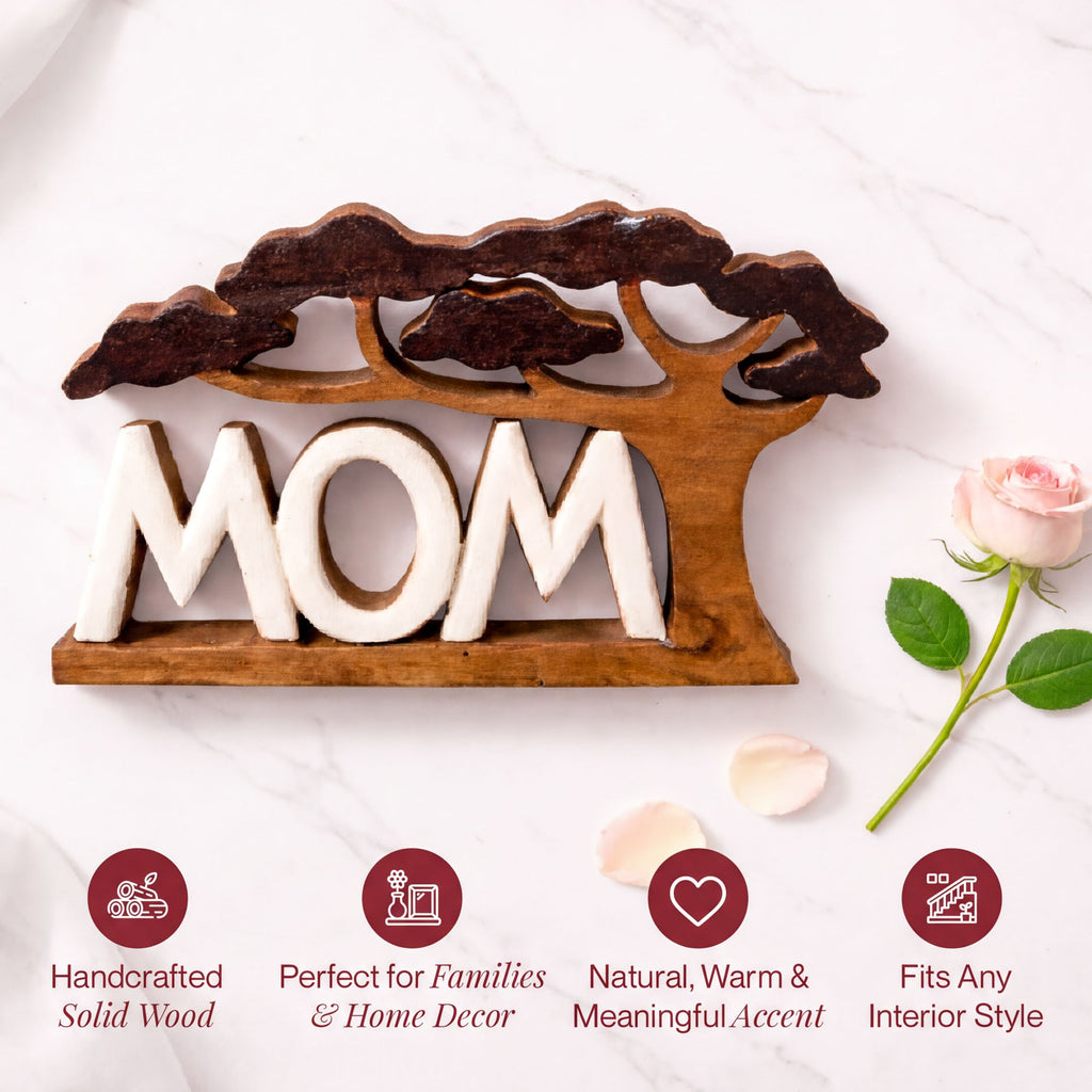 Wooden Mom Sculpture – Handmade Wooden Sign | Rustic Acacia Wood Plaque Gift