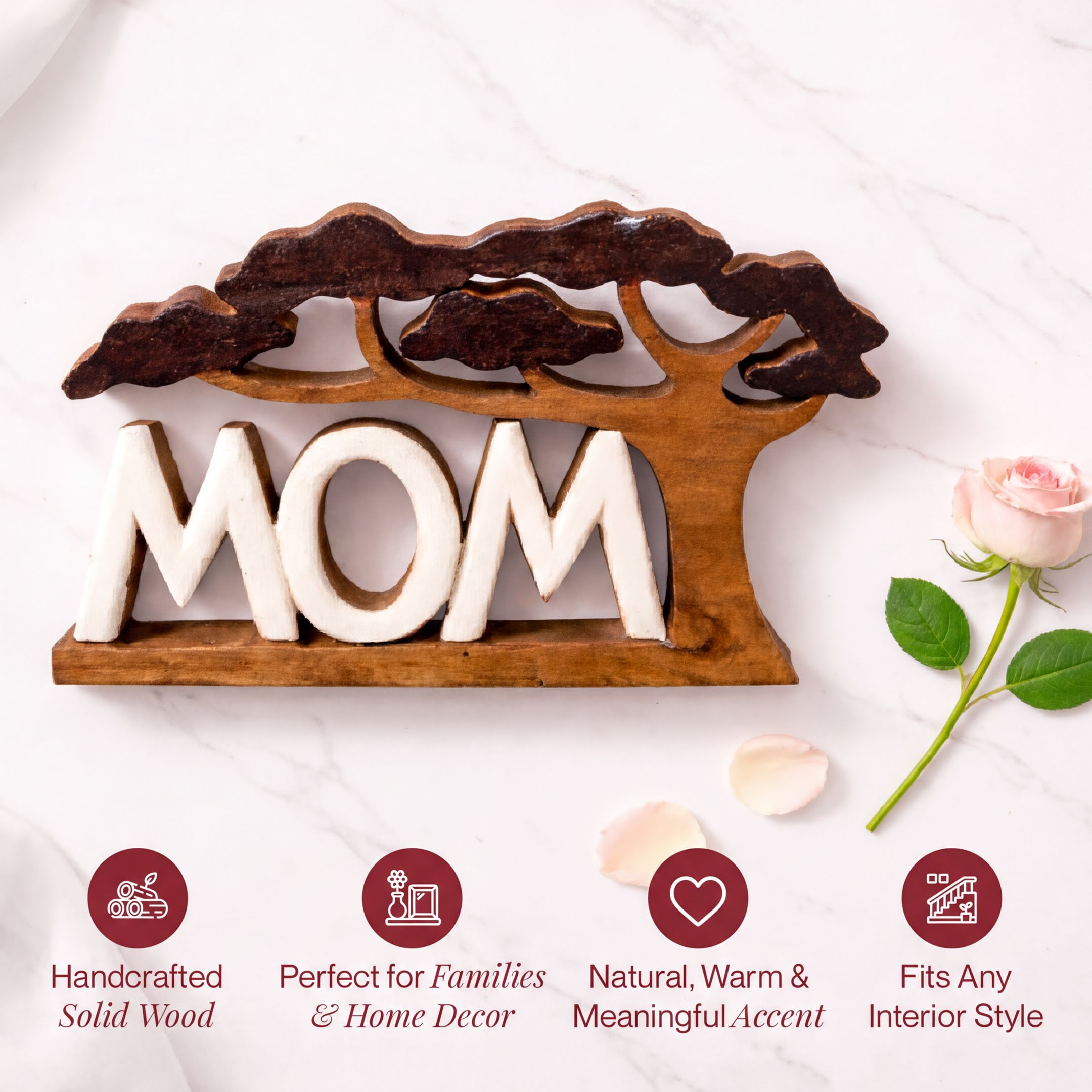 Wooden Mom Sculpture – Handmade Wooden Sign | Rustic Acacia Wood Plaque Gift