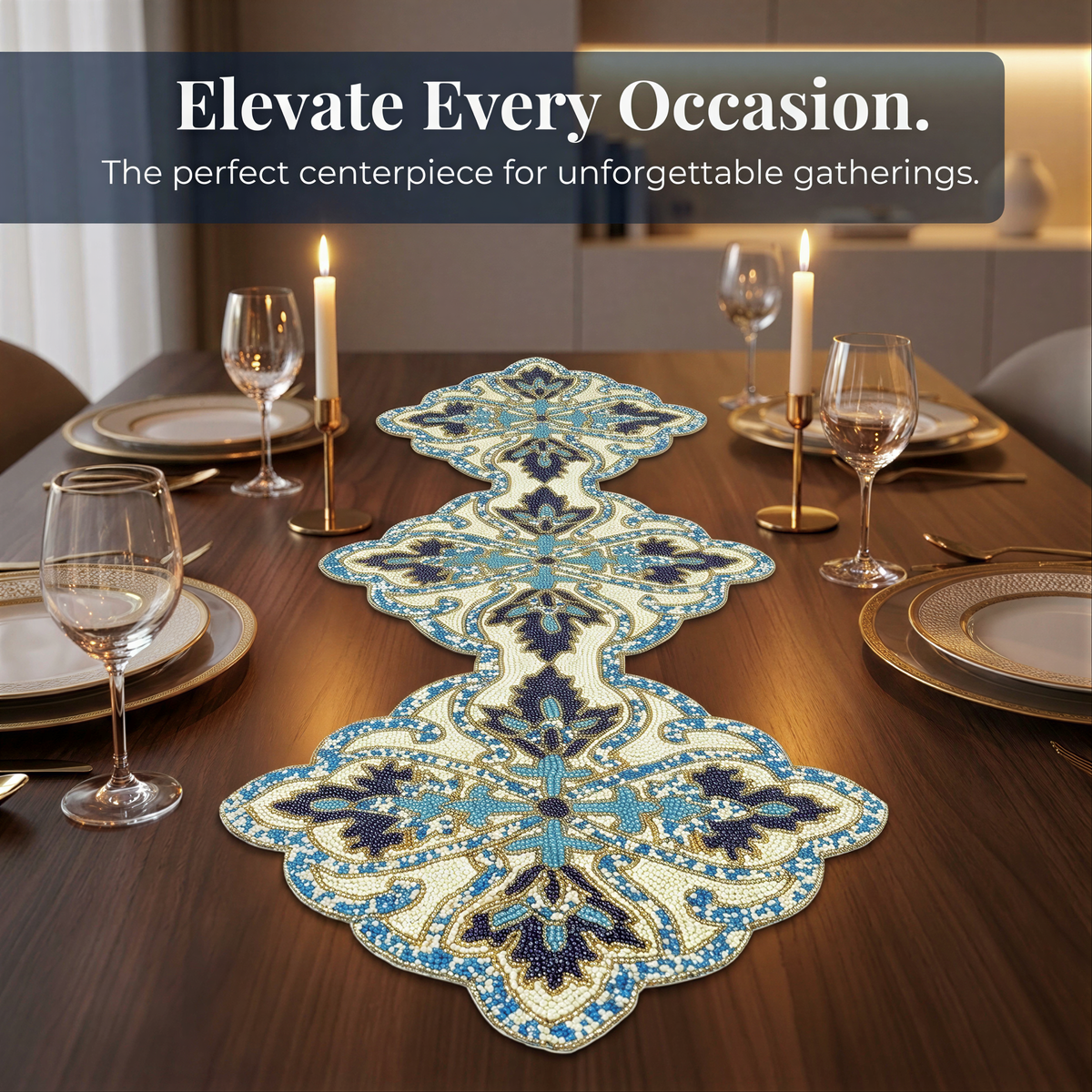 Beaded Table Runner – Blue White, 36x13 Inch