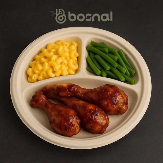 10 Inch Round 3-Compartment Compostable Plates, 100% Sugarcane Bagasse, Eco-Friendly, Microwave Safe, BPA-Free, Leak-Resistant Eco My Home Health & Household›Household Supplies›Paper & Plastic›Disposable Plates, Bowls & Cutlery›Plates Bosnal